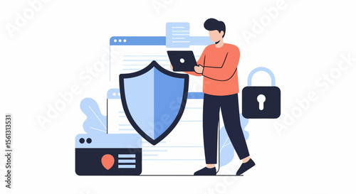 Digital Security Illustration Man with Laptop Shield and Padlock.