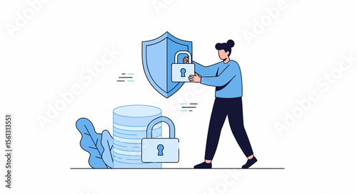 Digital Security Illustration Person Securing Data with Shield and Padlocks.