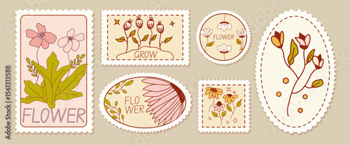 Retro simple florals in postage stamp vintage illustration set. Abstract hand drawn doodle cartoon floral elements, Retro vintage style flower  with sparkle., daisy, aster, chrysanthemum, marigold, ca