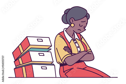 Overwhelmed businesswoman with arms crossed sits next to a tall stack of files looking down with a sad expression