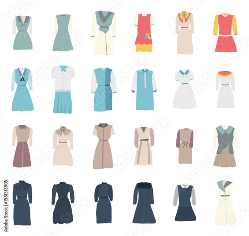 A collection of hand-drawn illustrations of dresses.