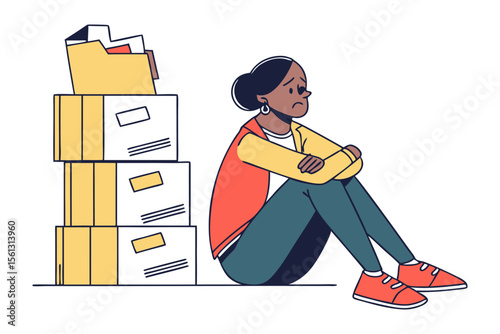 Overwhelmed woman sitting next to a large stack of boxes and files feeling stressed and burdened by work or tasks