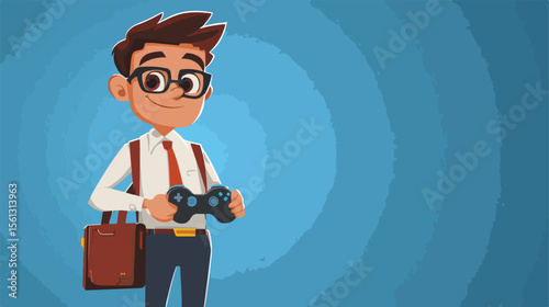 Businessman Cartoon Character Playing Video Games with Briefcase