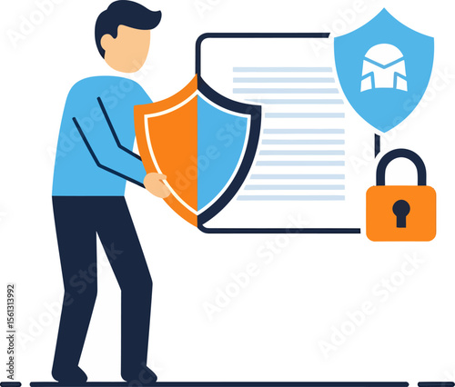 Man holding shield protecting document with padlock and shield icon.
