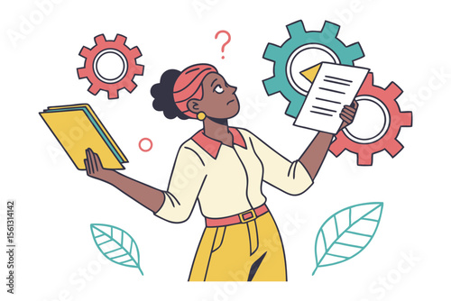 Confused woman holding documents and looking at gears and question mark symbolizing decision making and problem solving