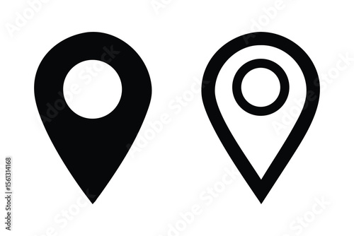 Simple Minimalist Black and White Location Pin Icons: GPS Navigation Symbols, Map Pointer Markers, Digital Interface Elements for Website or App Design, Geographic Position Indicators, Modern Flat Sty