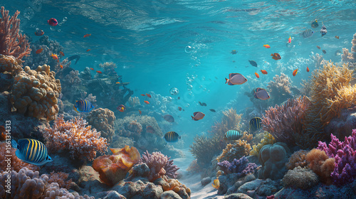 Wallpaper Mural 夏の海中に広がる海底のサンゴ・珊瑚礁や泳ぐ熱帯魚の水中CG写真 Torontodigital.ca