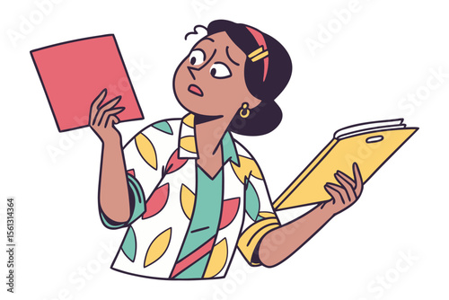 Confused woman holding two documents looking overwhelmed by information and tasks with a worried expression