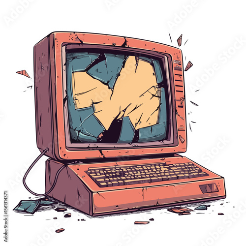 Colorful Cartoon Vector of a Broken Computer Being Fixed by a Hand