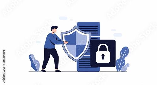 Man holding shield protecting data server and padlock icon.