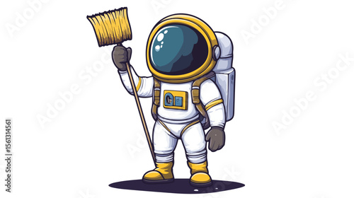 Friendly Astronaut Cartoon Mascot Waving with Broom Character