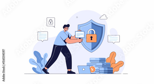 Man holding shield with padlock protecting laptop and data stacks illustration.