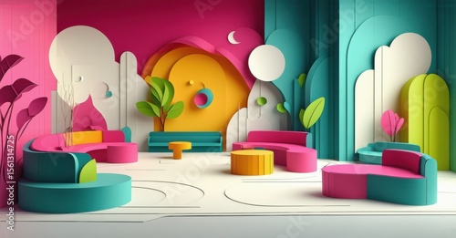 Wallpaper Mural Playful interior design. Bright colors, rounded shapes create whimsical space. Modern furniture, abstract wall decor present inviting scene. Torontodigital.ca