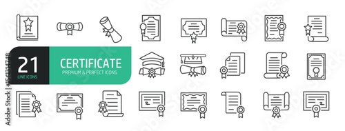 Set of Line Icons Related to Certificate, Diploma, Award, Authorization, Verification, and more.