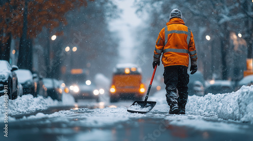 public service worker shoveling snow in urban winter environment 