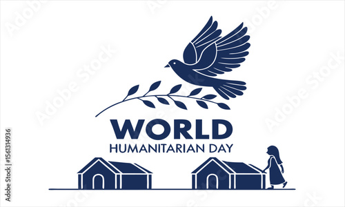 World humanitarian day symbol with dove and refugee tents representing aid and support