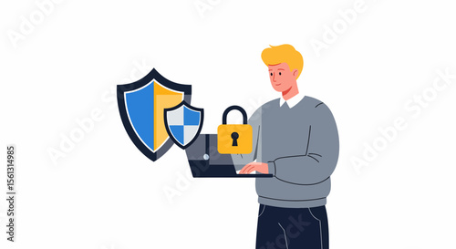 Man with Laptop Padlock and Shields Cybersecurity Concept Illustration.