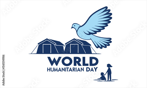 World humanitarian day symbol with dove and refugee tents representing aid and support