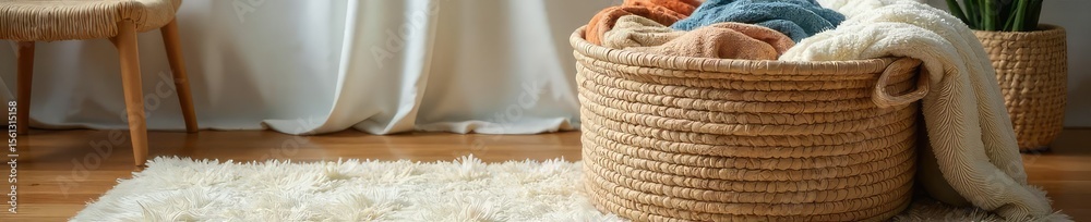 Obraz premium Cozy Woven Rug Basket Overflowing with Soft Blankets Bohemian Interior Design