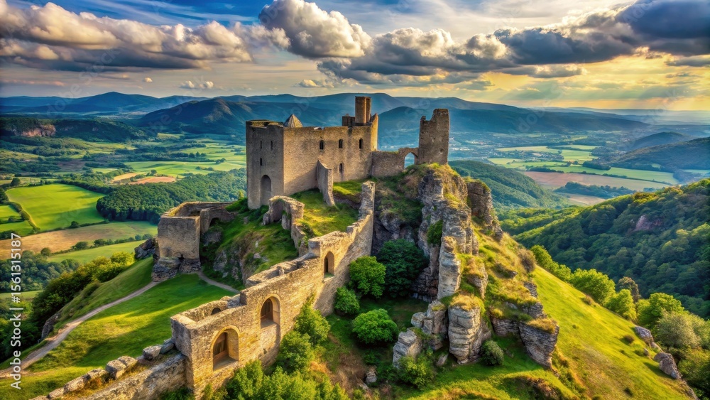 Obraz premium Medieval stone fortress ruins on a hilltop with a valley view