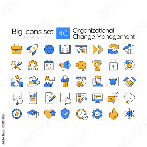 Organizational change management line color icons set. Company state transition strategy. Corporate progress. Vector illustrations. Simple flat colorful symbols collection. Editable stroke