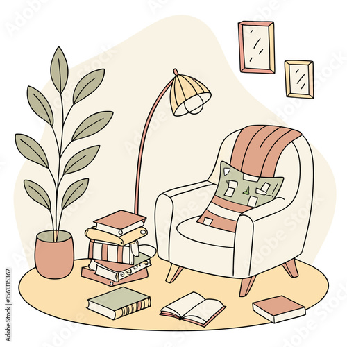 Illustration of a cozy reading nook with armchair books plant lamp and wall decorations in a room setting