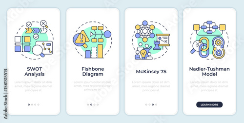 Tools of gap analysis onboarding mobile app screen. Corporate maintenance. Walkthrough 4 steps editable graphic instructions with linear concepts. UI, UX, GUI. Montserrat SemiBold, Regular fonts used