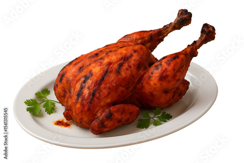 Whole tandoori roasted chicken on a white plate garnished with fresh coriander—perfect for BBQ, menu, or festive food themes. 🍗🔥 Add bold spice and cultural flavor to your visuals!
