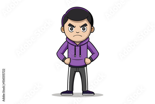 Angry Cartoon Boy: An illustration of an angry cartoon boy with hands on hips, wearing a purple hoodie and grey sweatpants, expressing frustration and displeasure. 