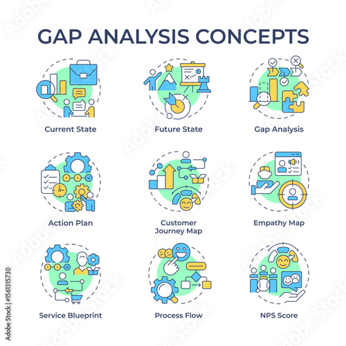 Gap analysis multi color concept icons. Difference between current and desired performance. Organization change. Icon pack. Vector images. Round shape illustrations for presentation. Abstract idea