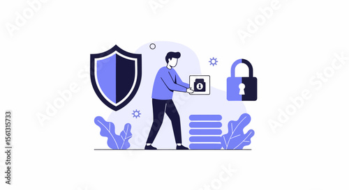 Stylized man carrying a data security box with shield and padlock.
