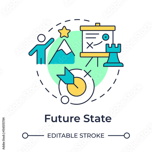 Future state multi color concept icon. Define organization strategic goals. Stage of gap analysis strategy. Round shape line illustration. Abstract idea. Graphic design. Easy to use in blog post
