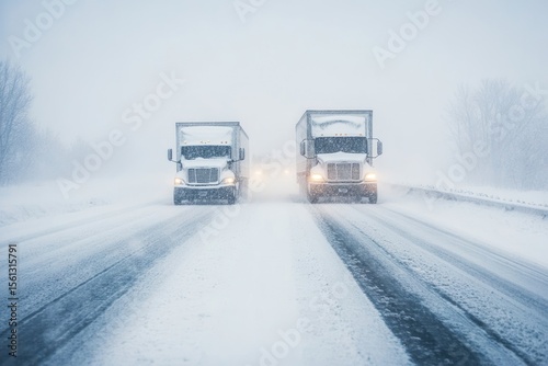 Frozen highway lanes with vehicles barely moving, whiteout snowstorm