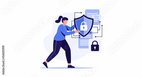 Woman holding a security shield with padlock data protection concept.