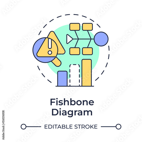 Fishbone diagram multi color concept icon. Identify root causes of problem. Gap analysis tool. Business data. Round shape line illustration. Abstract idea. Graphic design. Easy to use in blog post