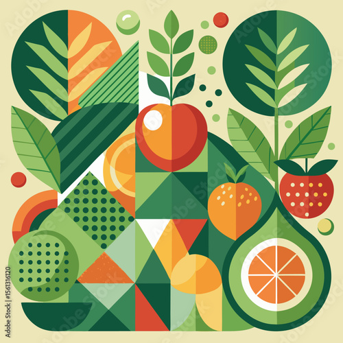 Abstract geometric pattern of farm food. Stylized poster with fruit and vegetables. Agriculture plants in cubism style. Contemporary art of healthy, natural, organic products. Flat vector illustration