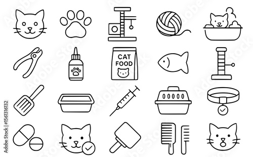 Minimal Line Cat Care & Pet Accessories Icons