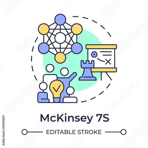 McKinsey 7S multi color concept icon. Diagnostic framework for evaluating organization. Gap analysis tool. Round shape line illustration. Abstract idea. Graphic design. Easy to use in blog post