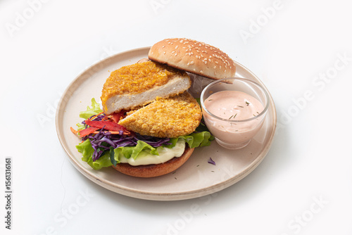 Burger with sauce and salad on a plate on a white background