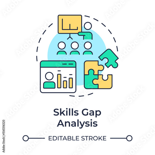 Skills gap analysis multi color concept icon. HR teams aligning talent strategies. Organization development. Round shape line illustration. Abstract idea. Graphic design. Easy to use in blog post