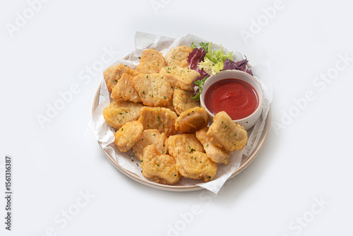 Breaded chicken nuggets with sauce and salad on a plate on a white background