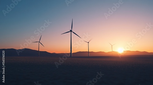 Sunset over a field of wind turbines, clean energy, renewable resources, landscape