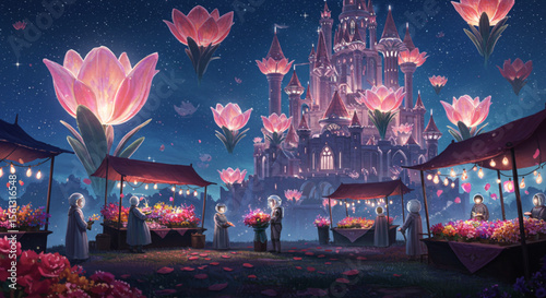 Enchanted Castle Flower Market Night Bloom Fantasy Art