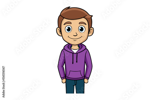 Stylish Teenager in a Hoodie: An illustrated depiction of a young, stylish male teenager stands confidently. He has brown hair and is clad in a comfortable purple hoodie and dark-colored jeans.