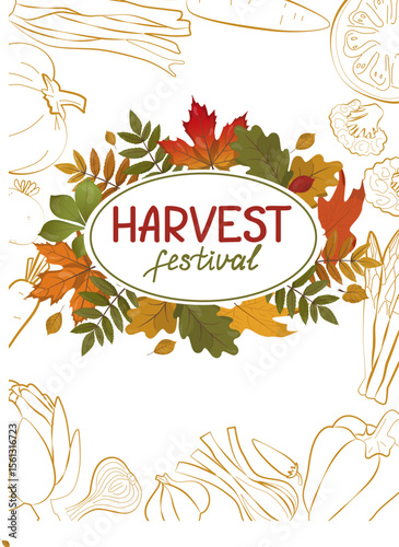Harvest festival design featuring colorful autumn leaves and vegetables in a vector illustration. Perfect for seasonal celebrations, posters, and event promotions emphasizing fall harvest themes.