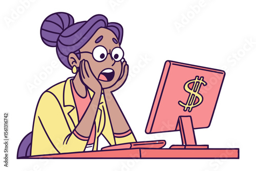 Surprised by Online Transaction: A stylized illustration of a woman with glasses, sitting at her desk, looking at a computer screen with a dollar sign, showing a surprised expression. 