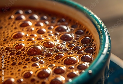 Closeup of Aromatic Coffee Bubbles in Teal Mug Sunlight