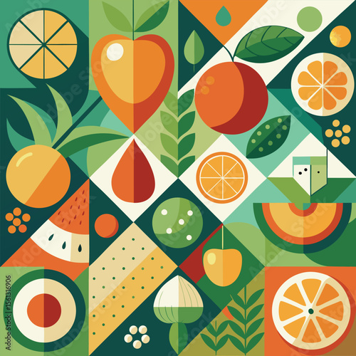 Abstract geometric pattern of farm food. Stylized poster with fruit and vegetables. Agriculture plants in cubism style. Contemporary art of healthy, natural, organic products. Flat vector illustration