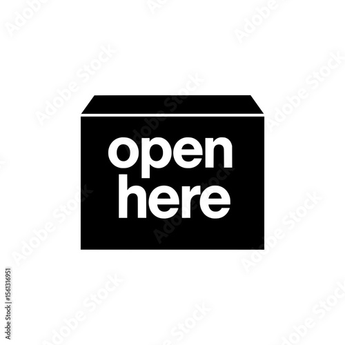 Open here label on black cardboard box  