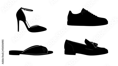 Black silhouette collection of various shoe types on white background  
